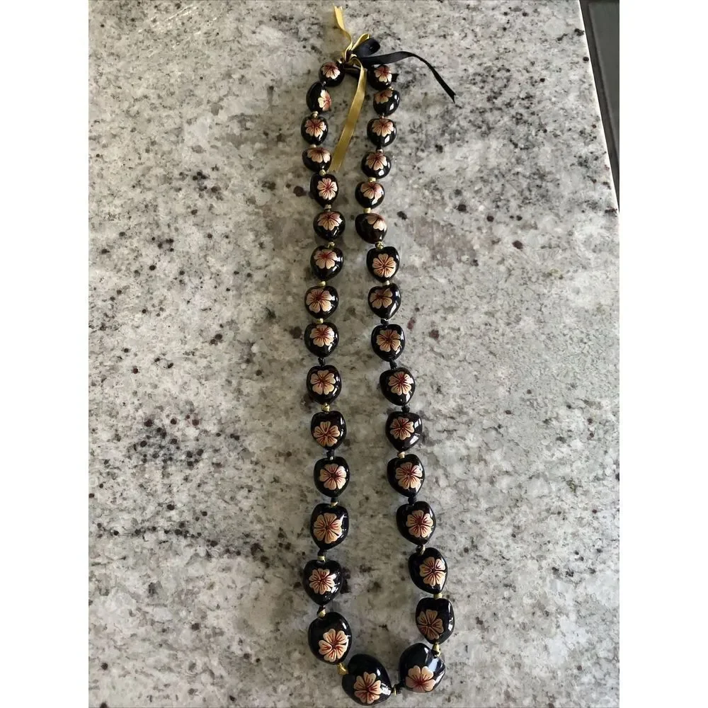 Kukui Nut Lei Pink Hibiscus Flower Necklace Graduation Wedding Hawaiian Luau